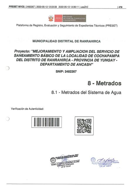 Metrados mejoramiento y ampliación del servicio de saneamiento básico de la localidad de Cochapampa