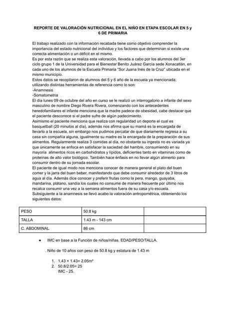 Reporte de valoración nutricional en el niño en etapa escolar en 5 y 6 de primaria