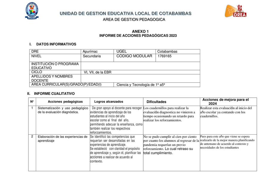 Informe de Acciones Pedagógicas 