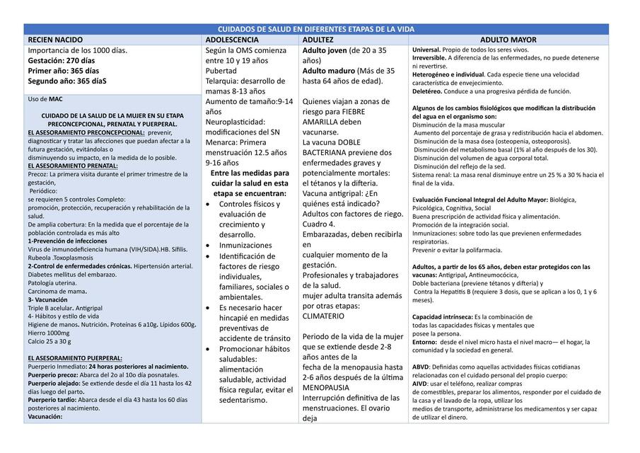 Cuidadoes de salud diferentes  etapas de la  vida 