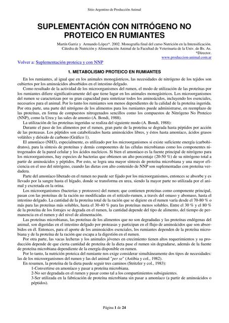 Suplementación con Nitrógeno No Proteico en Rumiantes 