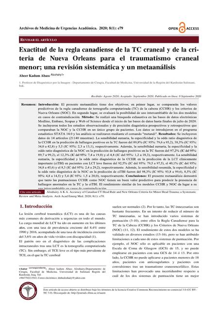 Exactitud de la Regla Canadiense de la TC Craneal y de la Criteria de Nueva Orleans para el Traumatismo Craneal Menor 