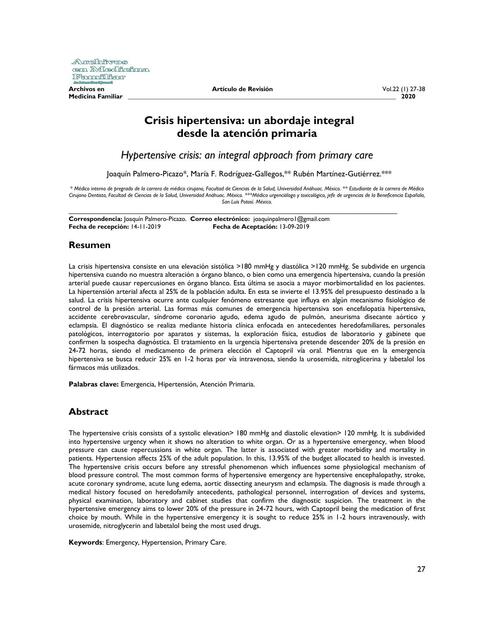 Crisis hipertensiva: u abordaje integral desde la atención primaria 