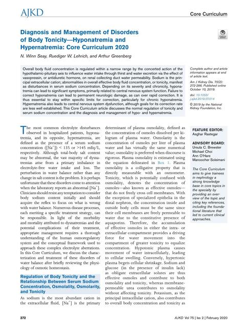 Diagnosis and Management of Disordersof Body Tonicity—Hyponatremia and Hypernatremia: Core Curriculum 2020