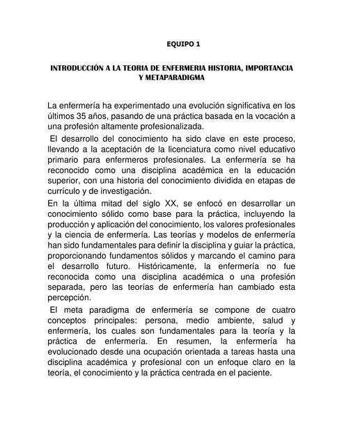 Introducción a la teoria de la enfermeria historia, importancia y metaparadigma 