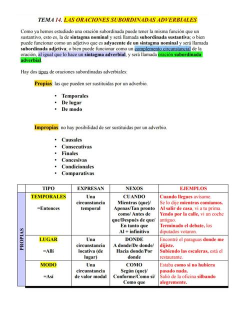 Las Oraciones Subordinadas Adverbiales 