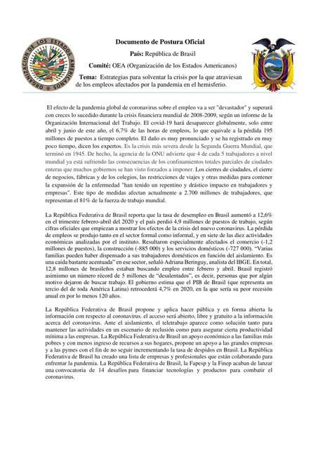 Ejemplo Documento de Postura Oficial MODELOS ONU