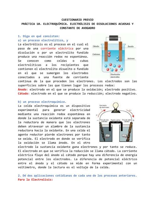 Práctica 10. Electroquímica. Electrólisis de Disoluciones Acuosas y Constante de Avogadro 