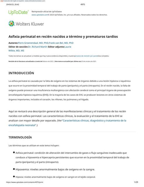 Asfixia Perinatal en Recién Nacido a Término y Prematuros Tardíos 