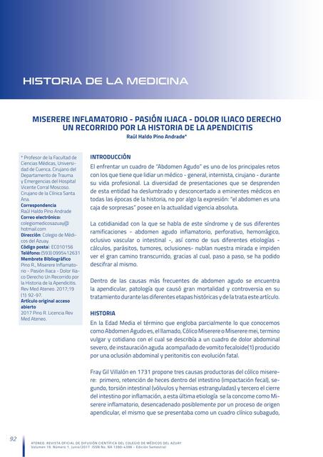 Miserbe inflamatorio - pasion iliaca- dolor iliaco derecho un recorrido por la historia de la apendicitis 