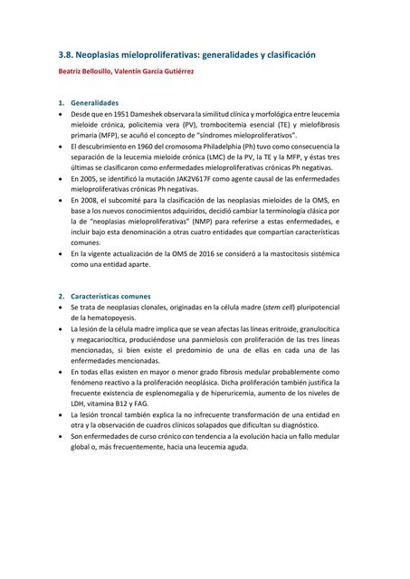 3.8. Neoplasias mieloproliferativas: generalidades y clasificación 