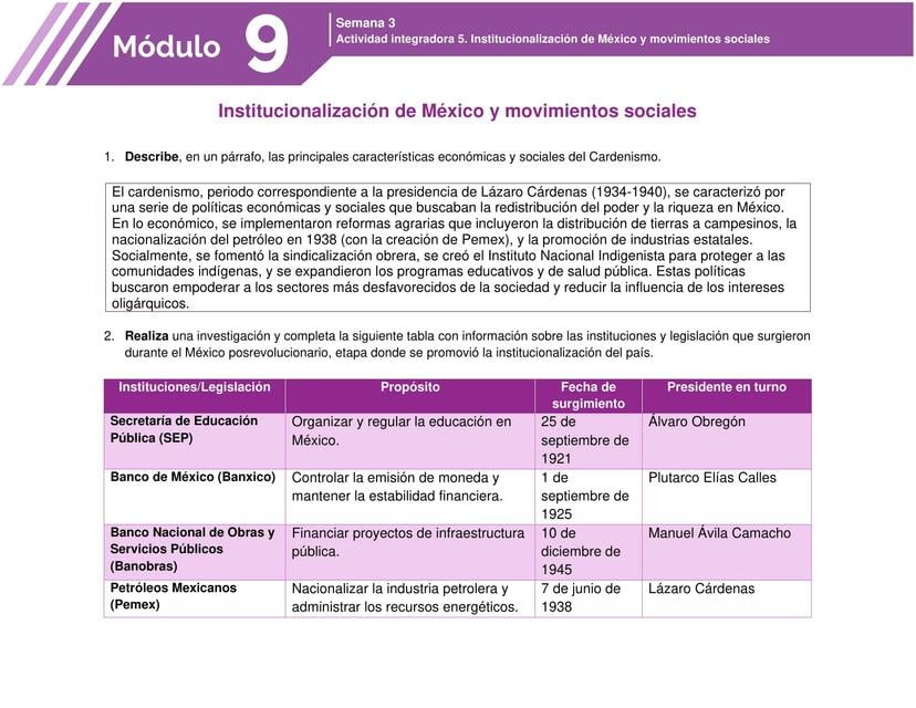 Institucionalización De México Y Movimientos Sociales