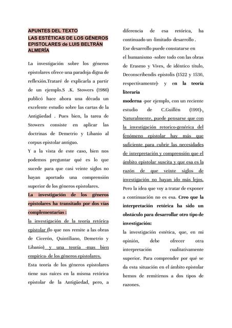 Las Estéticas de los Géneros Epistolares de Luis Beltrán Almería 