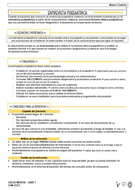 Salud mental: entrevista psiquiatrica, semiología psiquiatrica y HC psiquiatrica