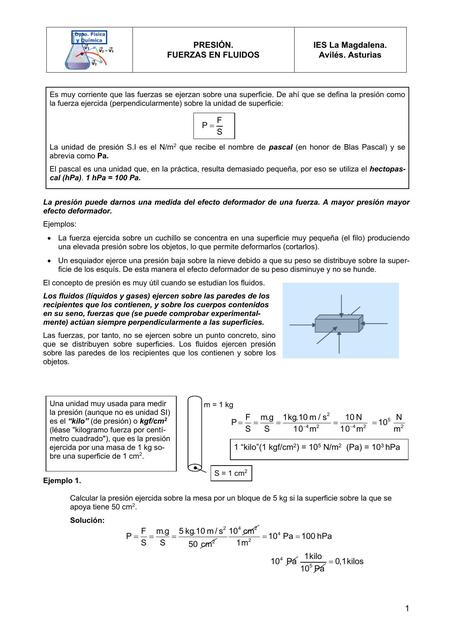 Presión, fuerzas en fluidos 