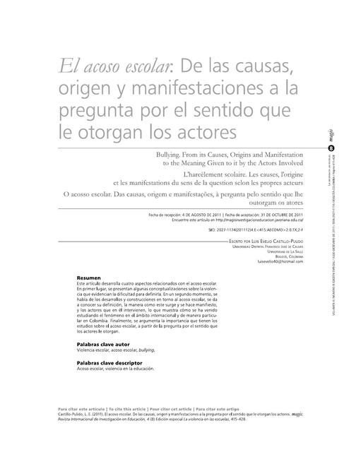 El acoso escolar De las causas origen y manifestaciones a la pregunta por el sentido que le otorgan los actores 