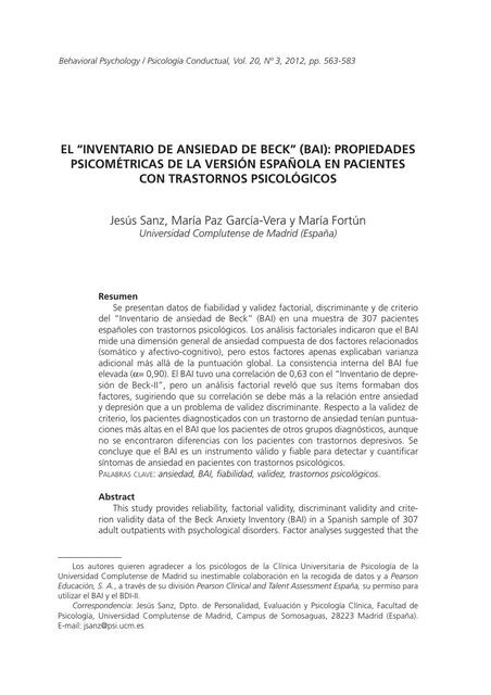 El “inventario de ansiedad de beck” (bai): propiedades psicométricas de la versión española en pacientes con trastornos psicológicos