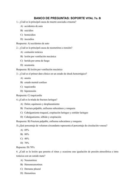 Banco de Preguntas; Soporte Vital 