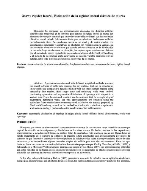 Osawa Rigidez Lateral. Estimación de la Rigidez Lateral Elástica de Muros 