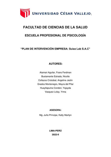 Plan de Intervención Empresa; Suiza Lab S.A.C 