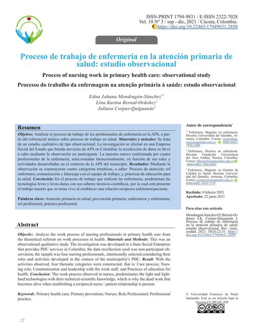 Proceso DeT rabajo De Enfermeria En La Atencion Primaria de salud 