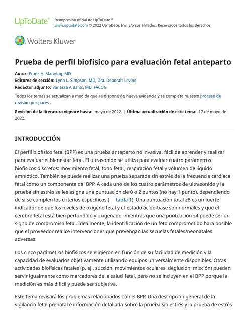 Prueba de perfil biofísico para evaluación fetal anteparto