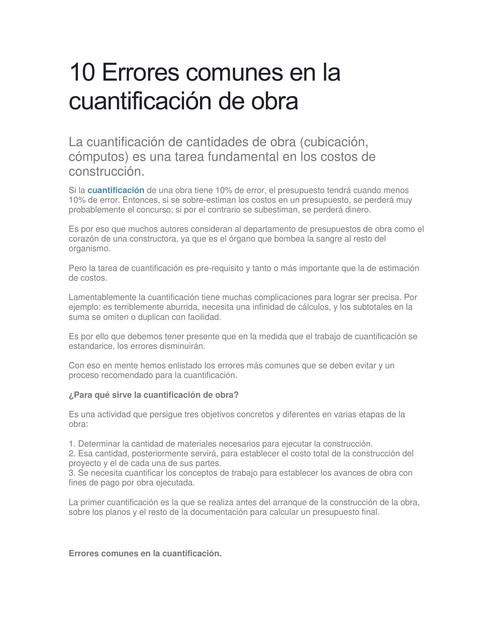 10 Errores comunes en la cuantificación de obra