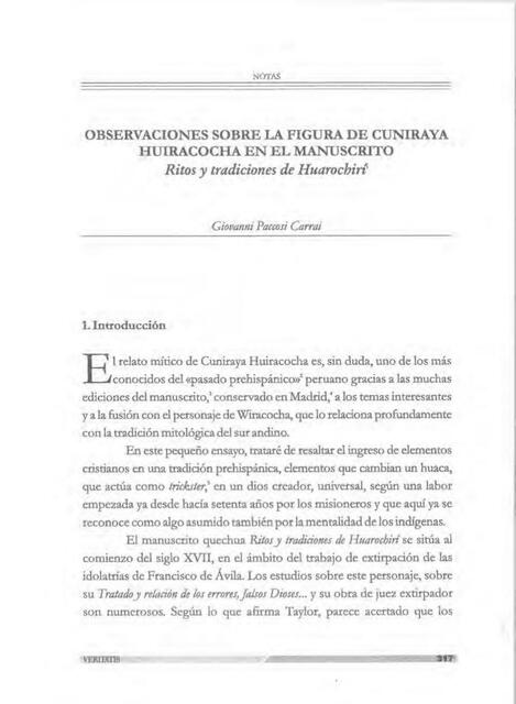 Observaciones sobre la figura de cuniraya huiracocha en el manuscrito 