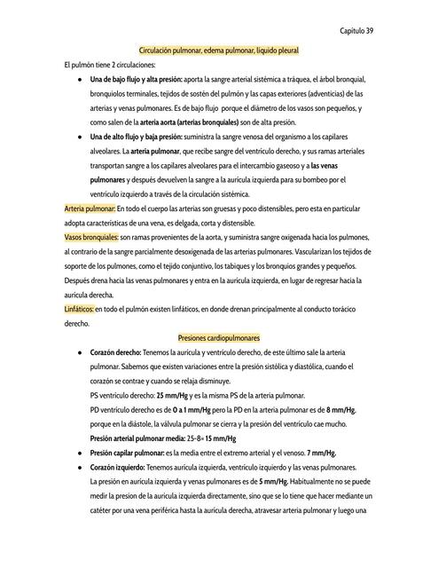 Circulación pulmonar, edema pulmonar, líquido pleural 