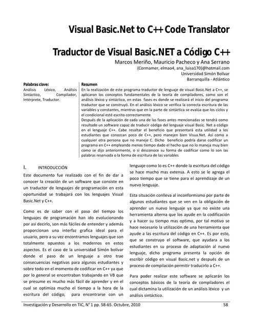 Traductor de Visual Basic.NET a Código C++