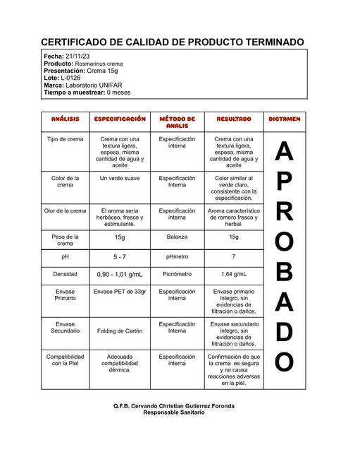 Certificado de Calidad de Producto Terminado 