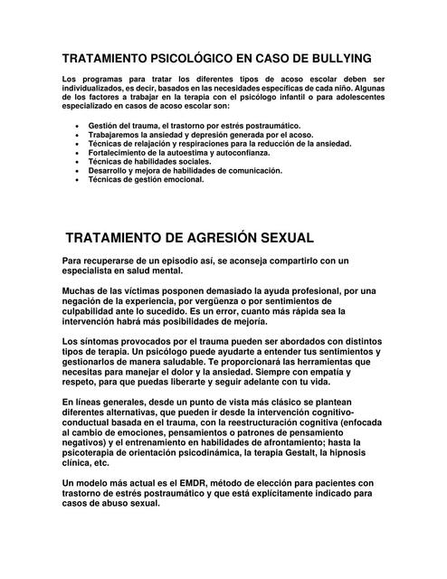 Tratamiento psicológico en caso de bullying