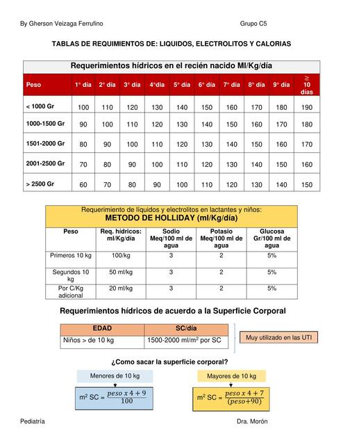 Tablas de Requerimientos de Lípidos, Electrolitos y Calorías 