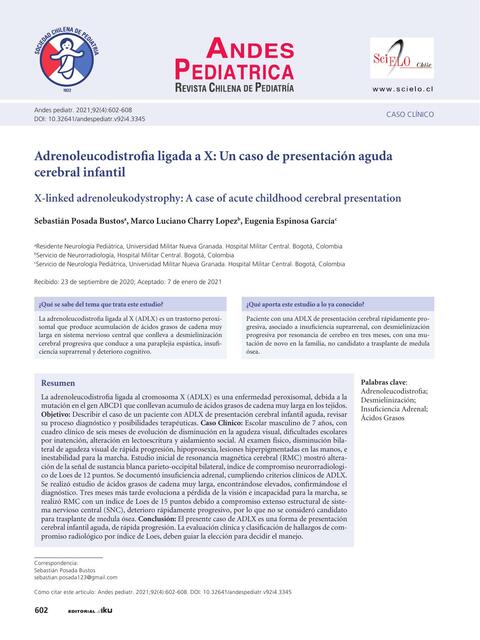 Adrenoleucodistroﬁa ligada a X: Un caso de presentación aguda  cerebral infantil