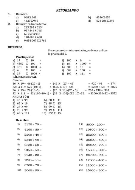 Reforzando Operaciones Básicas para Sexto de Primaria 