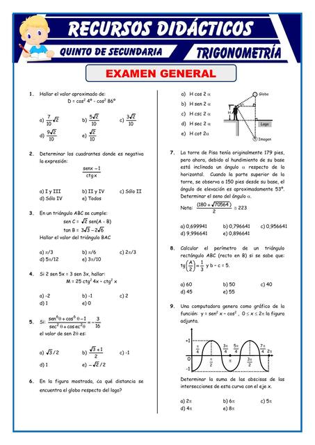 Examen de Trigonometria para Quinto de Secundaria