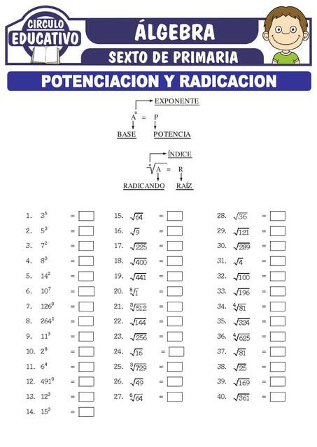 Potenciacion y Radicacion para Sexto de Primaria