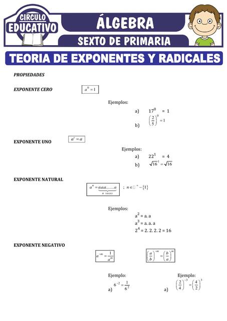 Teoria de Exponentes y Radicales para Sexto de Primaria