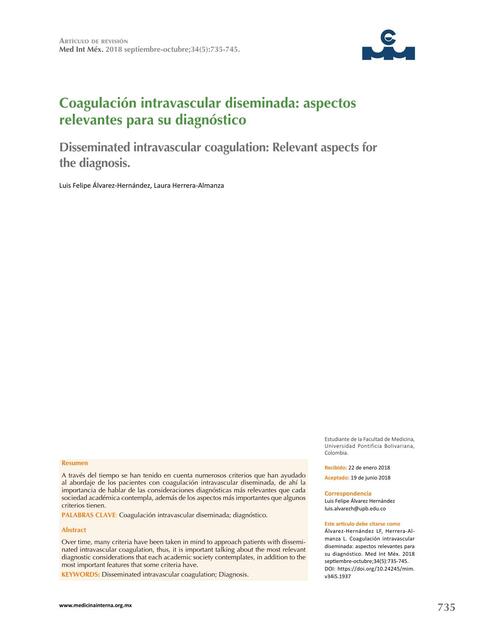 Coagulacíon intrasvascular diseminada aspectos relevantes para su diagnostico 