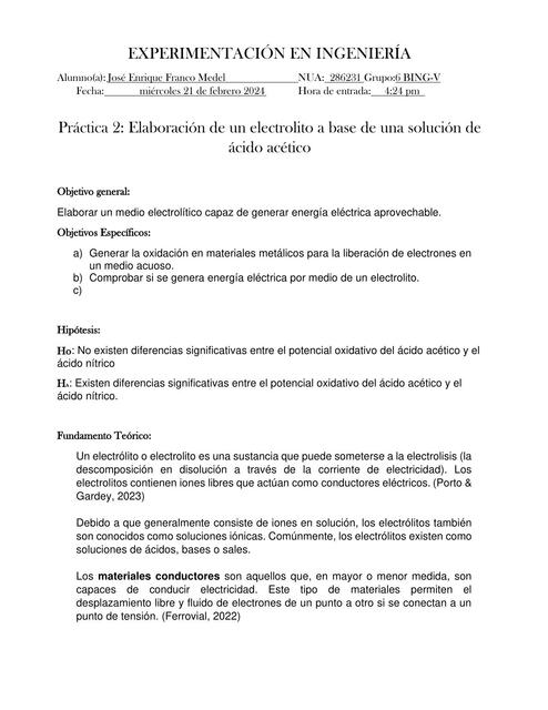 Elaboración de un Electrolito a Base de una Solución de Ácido Acético