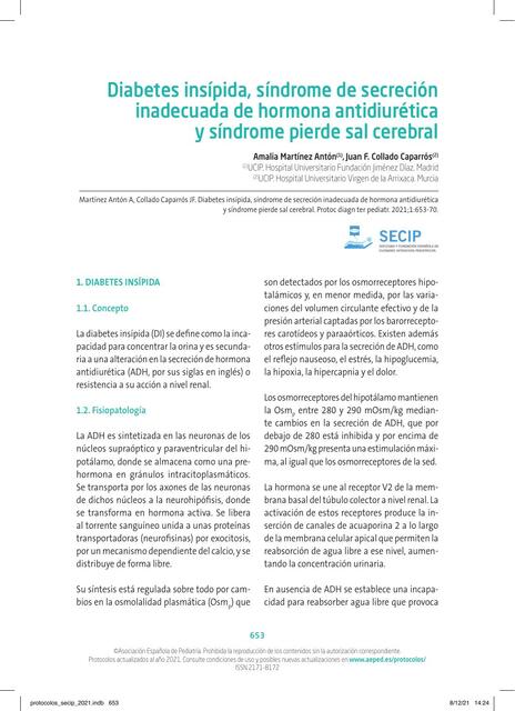 Diabetes Insípida, Síndrome de Secreción Inadecuada de Hormona Antidiurética y Síndrome Pierde Sal Cerebral 