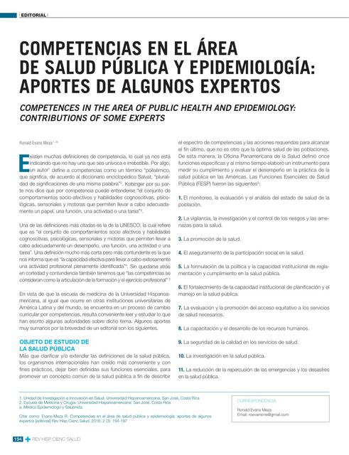 COMPETENCIAS EN EL ÁREA DE SALUD PÚBLICA Y EPIDEMIOLOGÍA: APORTES DE ALGUNOS EXPERTOS