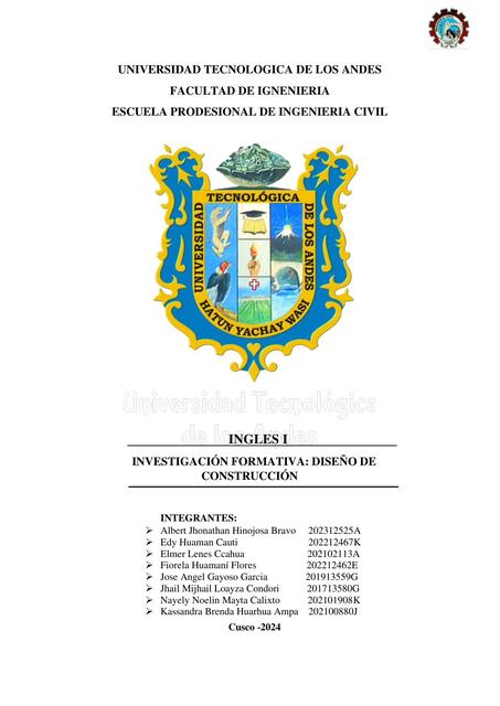 INGLES 1 INVESTIGACIÓN FORMATIVA: DISEÑO DE  CONSTRUCCIÓN 