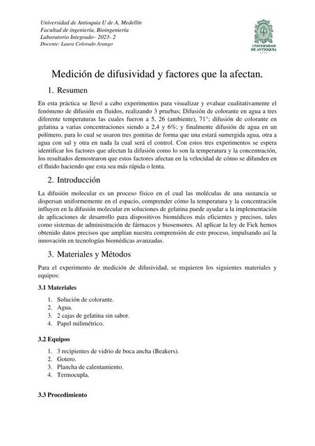 Medición de difusividad y factores que la afectan. 