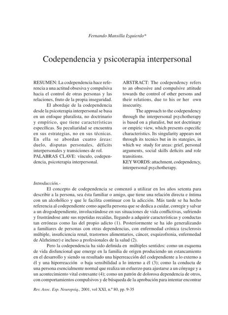 Codependencia y psicoterapia interpersonal  