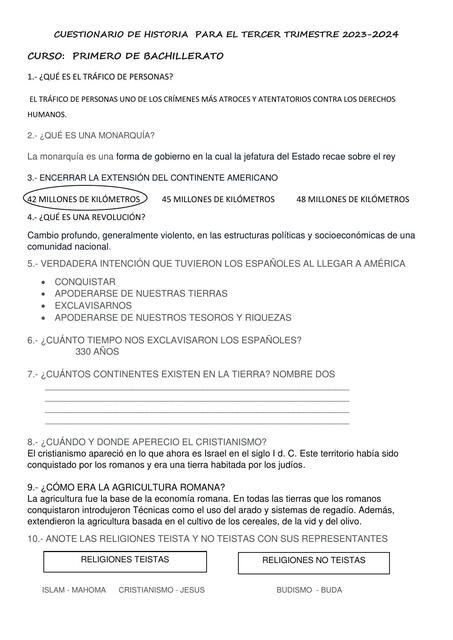 Cuestionario de historia para el tercer trimestre 