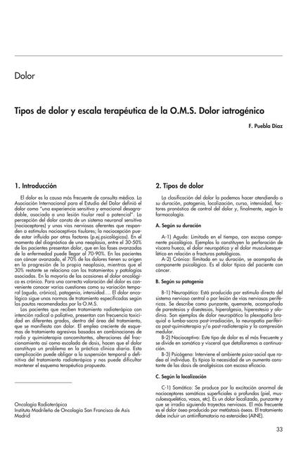 Tipos de dolor y escala terapéutica de la O.M.S. Dolor iatrogénico