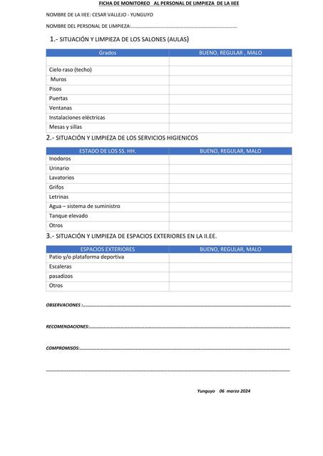Ficha de monitoreo al personal de limpieza