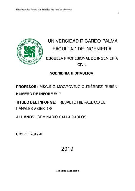 INFORME DE HIDRAULICA RESALTO HIDRAULICO