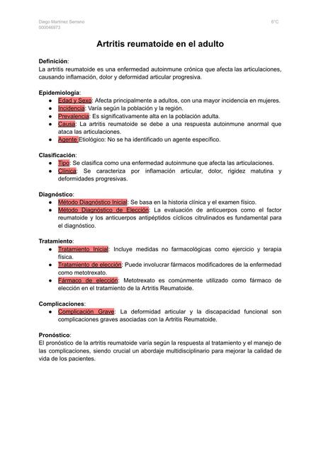 Flashcard. Artritis Reumatoide en el Adulto